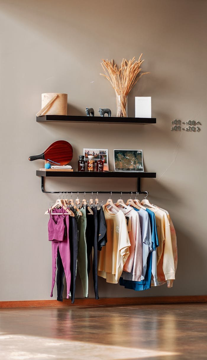 Stylish apartment interior featuring a clothing rack and decor on shelves.